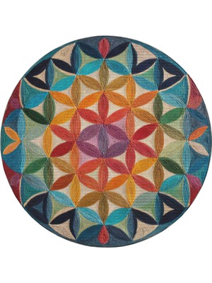 Porto 75 Renkli Geometrik Soyut Sanatsal Tasarım Yuvarlak Balkon Halısı Antre Halısı Mutfak Halısı