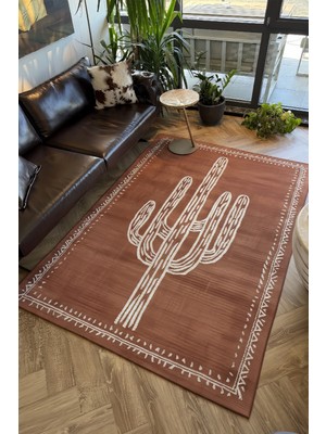 Pera 220 Bohem Kaktüs Desenli Kiremit Rengi Rustik Dekoratif Halı Yıkanabilir Salon Oturma Ev Halısı