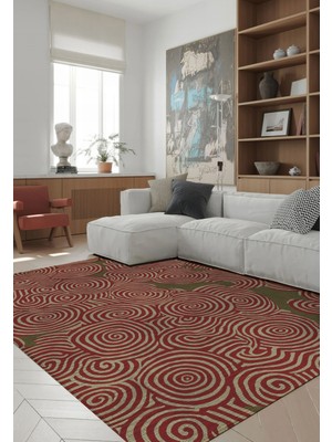 Porto 80 Yeşil Bordo Soyut Desenli Halı Tasarım Modern Oturma Odası Ince Yazlık Ev Oda Salon Halısı