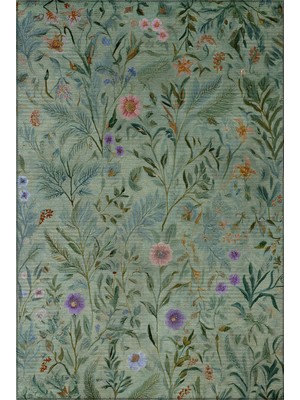 Garden 808 Yeşil Botanik Çiçekli Halı Yıkanabilir Dokuma Taban Ince Halı Oturma Odası Salon Halısı