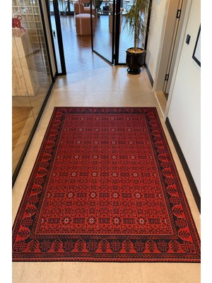 Arteluna Home&Living Haliç 301 Bordo Siyah Afgan Desenli Vintage Etnik Salon Halısı Oturma Odası Ince Hol Ev Oda Halısı