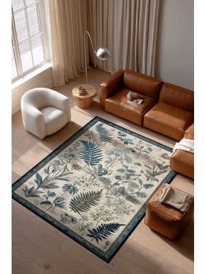 Arteluna Home&Living Garden 814 Bej Mavi Botanik Çiçekli Halı Yıkanabilir Ince Dokuma Taban Salon Oturma Odası Halısı
