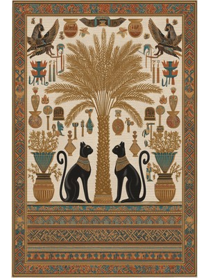 Antica 201 Kedi ve Antik Desenli Etnik Bohem Halı Yıkanabilir Halı Ince Oturma Odası Salon Halısı