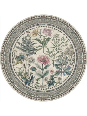 Como 06 Botanik Desenli Yuvarlak Renkli Bordürlü Ince Dokuma Taban Yıkanabilir Mutfak Antre Halısı