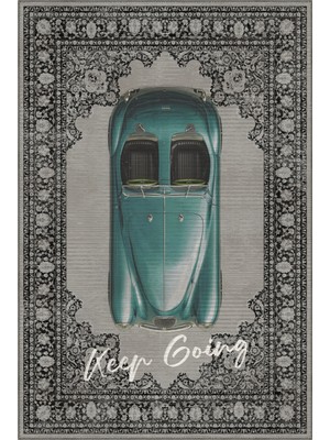 Arteluna Home&Living Retro 106 Gri Mavi Vintage Retro Araba Figürlü Keep Going Tasarım Halı Salon Oturma Ev Oda Halısı