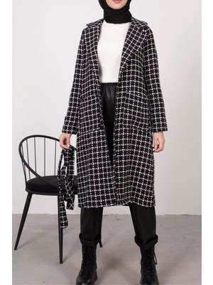 Tesettür Diyarı Kazayağı Desen Astarlı Kuşaklı Kaban- Siyah