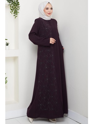 Gizli Patlı Yarım Taşlı Ferace Mürdüm HM2860