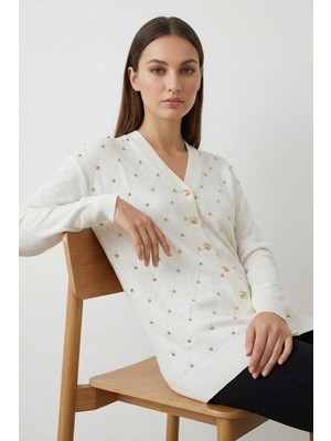 Giyim Dünyası Kadın Merserize Baklava Desen Hırka Ekru