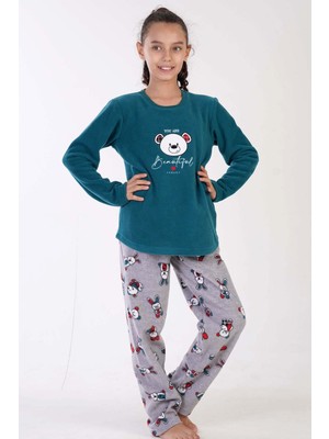 Vienetta Kız Çocuk Yumuşak Polar Yeşil Pijama Takımı – Uzun Kollu, Desenli Model C4T0N0503