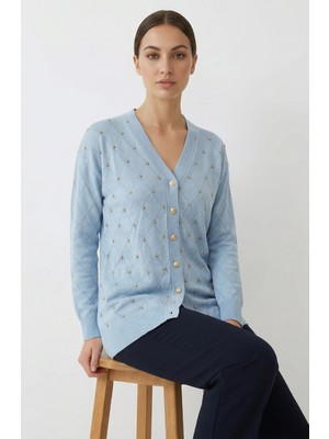 Giyim Dünyası Kadın Merserize Baklava Desen Hırka Mavi