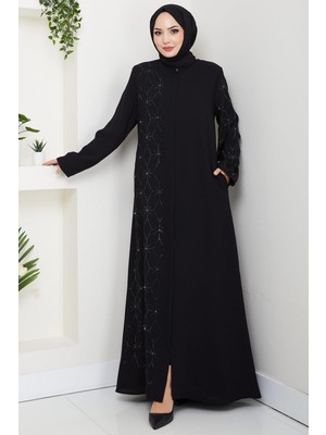Gizli Patlı Yarım Taşlı Ferace Siyah HM2860