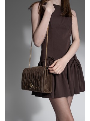 Marjin Kadın Altın Renkli Gold Zincirli Omuz Çantası Delbin Kahve Süet