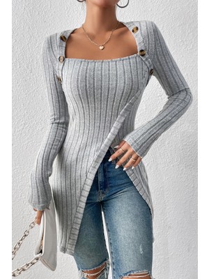 MiraLive Kadın Gri Düğme Detaylı Kare Yaka Fitilli Asimetrik Etekli Uzun Kollu Bluz