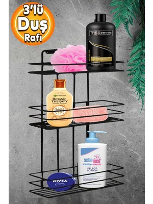 Kare Siyah 3 Katlı Banyo Duş Rafı ve Malzeme Organizer Seti