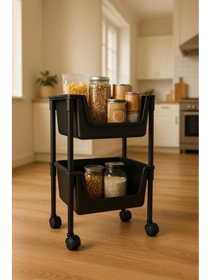 Iki Katlı Tekerlekli Çok Amaçlı Organizer Raf, Siyah, Pratik Saklama Çözümü