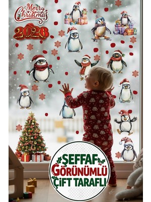 Kt Grup 2026 Yeni Yıl Şeffaf Çift Taraflı Yılbaşı Penguenleri Kapı Dolap Pencere Sticker Seti