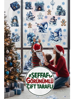 Kt Grup Şeffaf Çift Taraflı Mav Gnome ve Kardan Adam Sticker Seti - Kapı Dolap Duvar Cam Dekoru