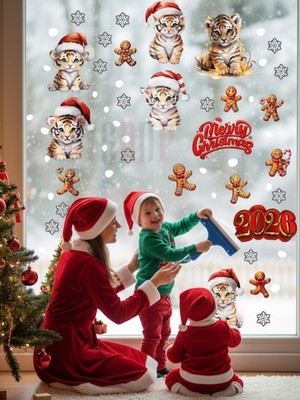 Kt Grup Yeni Yıl Yılbaşı Figürleri Hoşgeldin 2026 Noel Kaplanları Cam Kapı Dolap ve Duvar Sticker Seti