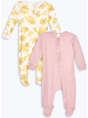 LC Waikiki Lcw Baby Ekru Bisiklet Yaka Baskılı Kız Bebek Tulum 2'li