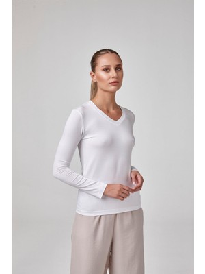 Relactive Kadın Uzun Kollu V Yaka Body Fit Kalıp Beyaz T-Shirt C3T2N62