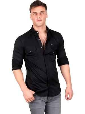 Deepsea Erkek Siyah Slim Fit Dar Kesim Pamuklu Spor Gömlek Çıtçıtlı Likralı Gabardin Gömlek 2300421