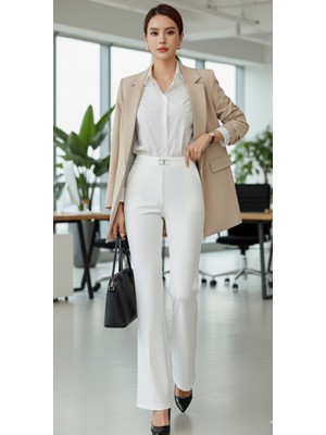 Akşen Giyim Enine Boyuna Likralı Scuba Krep Kumaş Ispanyol Paça Tokalı Pantolon,bej Renk