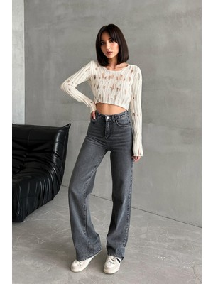 ogonline Straight Model Bol Paça Yüksek Bel Kadın Kot Pantolon Likralı %100 Cotton Gri
