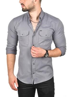 Deepsea Erkek Füme Slim Fit Dar Kesim Pamuklu Spor Gömlek Çıtçıtlı Likralı Gabardin Gömlek 2300421
