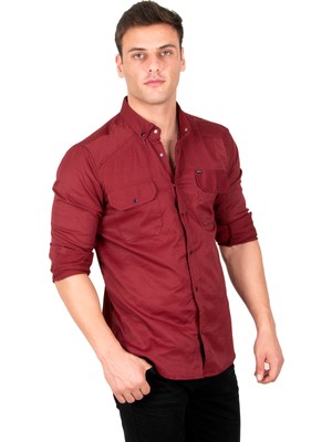 Deepsea Erkek Bordo Slim Fit Dar Kesim Pamuklu Spor Gömlek Çıtçıtlı Likralı Gabardin Gömlek 2300421