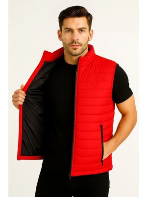 Velmora Fashion Erkek Şişme Fermuarlı Yelek Su Itici Kapitone Astarlı Kumaş Cepli Hafif Kışlık Spor Rahat Kalıp - Kırmızı