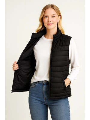 Velmora Fashion Kadın Şişme Fermuarlı Yelek Su Itici Kapitone Astarlı Kumaş Cepli Hafif Kışlık Spor Rahat Kalıp - Siyah