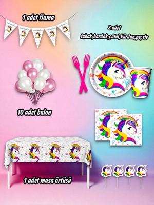 8 Kişilik Unicorn Temalı Mini Set - Doğum Günü Parti ve Eğlenceli Etkinlikler Için