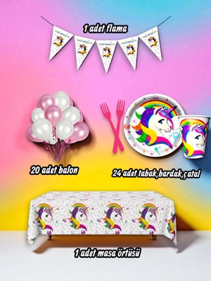 24 Kişilik Unicorn Temalı Mini Set - Doğum Günü Parti ve Eğlenceli Etkinlikler Için