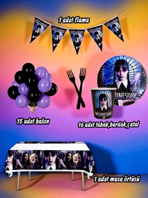 16 Kişilik Wednesday Temalı Mini Set - Doğum Günü Parti ve Eğlenceli Etkinlikler Için