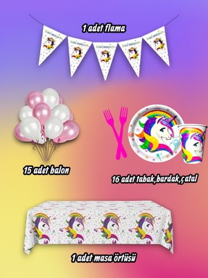 16 Kişilik Unicorn Temalı Mini Set - Doğum Günü Parti ve Eğlenceli Etkinlikler Için