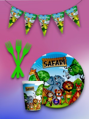 8 Kişilik Safari Temalı Tek Kullanımlık Servis Seti ve Flama