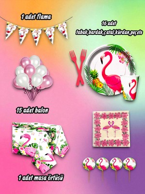 16 Kişilik Flamingo Temalı Mini Set - Doğum Günü Parti ve Eğlenceli Etkinlikler Için