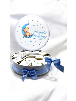 Popy Gift Chocolate Mavi Ayda Uyuyan Ayıcık Temalı Isme Özel Çikolata-Doğum Günü Çikolatası