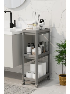Ince Çok Amaçlı 3 Katlı Tekerlekli Raf, Gri, Salon, Mutfak, Banyo ve Balkon Düzenleyici