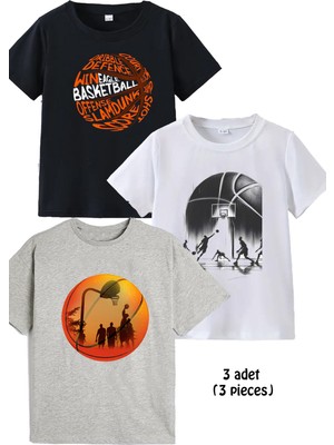 Makiteks 3lü Pamuk Kız Erkek Çocuk Basketball Baskılı Tshirt Tişört 5 6 7 8 9 10 11 12 13 14 Yaş Basketbol