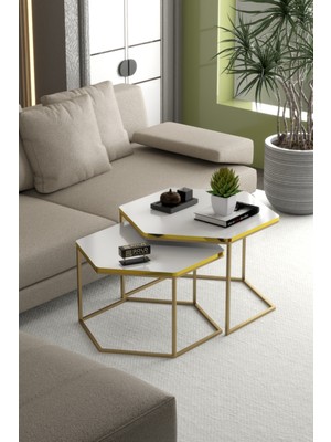 İşsevenler Orta Sehpa Altıgen İkili Lüx Gold Beyaz