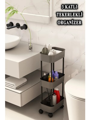 3 Katlı Tekerlekli Çok Amaçlı Organizer Raf, Gri, Pratik ve Şık Tasarım