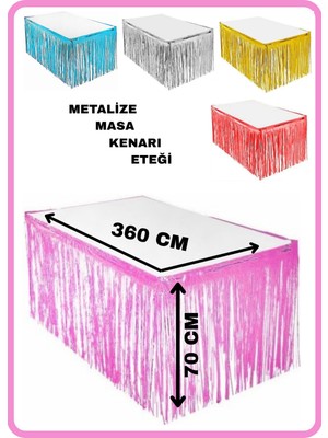 Festilo Masa Kenarı Eteği Metalize Pembe Parlak Püsküllü 360 cm Uzunluk 70 cm Yükseklik