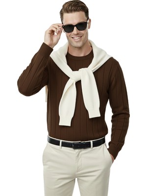 Deepsea Kahve Dar Kesim Likralı Erkek Triko Kazak – Bisiklet Yaka Şık Tasarım 2605433