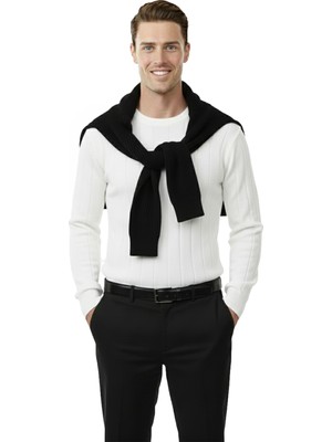 Deepsea Beyaz Dar Kesim Likralı Erkek Triko Kazak – Bisiklet Yaka Şık Tasarım 2605433