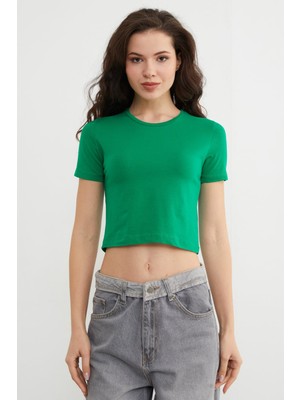 FullaModa Basic Bisiklet Yaka Crop Tişört