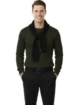 Deepsea Haki Dar Kesim Likralı Erkek Triko Kazak – Bisiklet Yaka Şık Tasarım 2605433