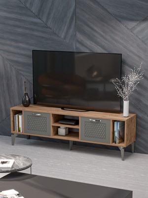 İşsevenler Tv Sehpası Tv Ünitesi Atlantik Çam Antrasit Gümüş 160 Cm Linya 5041