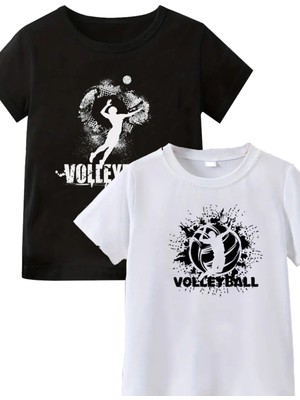 Makiteks 2li Kaliteli Pamuk Penye Unisex Kadın Erkek Volleyball Baskılı Tshirt Siyah Beyaz Voleybol Tişört