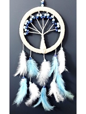 Marsilyan Mavi Beyaz Kuş Tüylü Hayat Ağacı Düş Kapanı Duvar Süsü